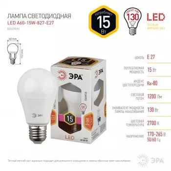 Лампа светодиодная ЭРА E27 15W 2700K матовая LED A60-15W-827-E27 Б0020592