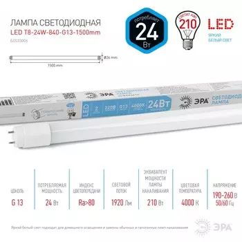Светодиодная лампа G13 24W 4000К (белый) Эра LED T8-24W-840-G13-1500mm (Б0033006)