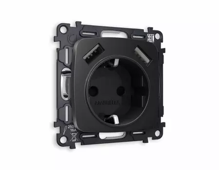Розетка 2USB A+A 18W быстрая зарядка с заземлением и шторками 2P+E 16A-250V Ambrella Volt (Черный матовый) QUANT OMEGA MO809010