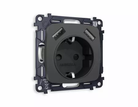 Розетка 2USB A+A 18W быстрая зарядка с заземлением и шторками 2P+E 16A-250 Ambrella Volt (Графит мягкое касание) QUANT OMEGA MO909010