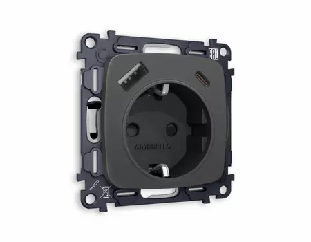 Розетка 2USB A+C 20W быстрая зарядка с заземлением и шторками 2P+E 16A-250 Ambrella Volt (Графит мягкое касание) OMEGA QUANT MO910010