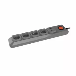 S-GSL5-3U Grey Cетевой фильтр с заземлением, 4 гнезда, ПВС 3x0,75, 3м, 1USB1A. 10А. Защита от перенапряжения, короткого замыкания Uniel Lux UL-00001761