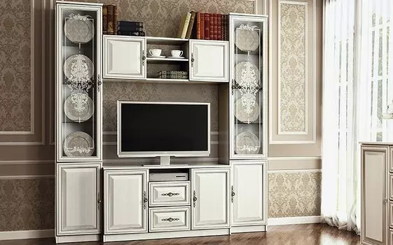 Стенка для гостиной Габриэлла 06.87 Олимп-мебель ML192, П00105645, Шкаф комбинированный 06.87 Габриэлла (вудлайн кремовый/ПВХ Сандал белый/профиль Аруша венге с патиной/ стекло св. с песк/латунь)/осн.