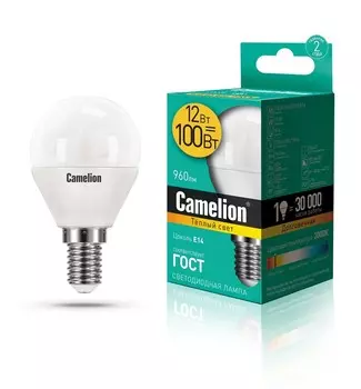 Светодиодная лампа E14 12W 3000К (теплый) G45 Camelion LED12-G45/830/E14 (13693)