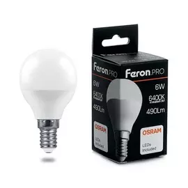 Светодиодная лампа E14 6W 6400K (холодный) G45 Feron LB-1406 Шарик (38067)