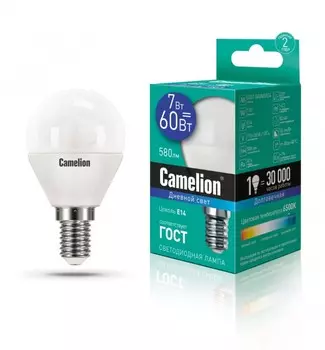 Светодиодная лампа E14 7W 6500К (холодный) G45 Camelion LED7-G45/865/E14 (12646)