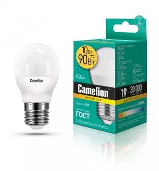 Светодиодная лампа E27 10W 3000К (теплый) G45 Camelion LED10-G45/830/E27 (13566)
