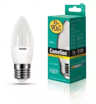 Светодиодная лампа E27 10W 3000К (теплый) C35 Camelion LED10-C35/830/E27 (13560)