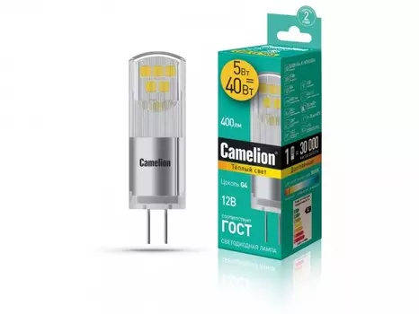 Светодиодная лампа G4 5W 3000K (теплый) JD Camelion LED5-G4-JC-NF/830/G4 (13749)