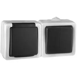 Выключатель двухклавишный + Розетка с заземлением и крышкой (серый) Volsten Marin V01-43-V2R-S (9452)