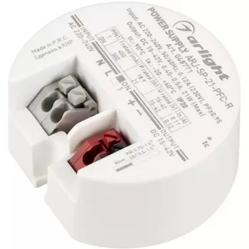 Блок питания ARJ-SP-21-PFC-R (21W, 15-42V, 0.45-0.5A) (Arlight, IP20 Пластик, 5 лет) 048771