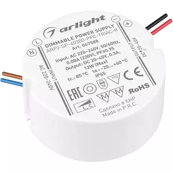 Блок питания ARPJ-SP-40300-PFC-TRIAC-R (12W, 20-40V, 300mA) (Arlight, IP65 Пластик) 047588