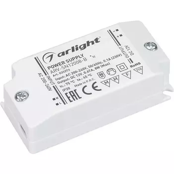 Блок питания ARV-SN12008-B (12V, 0.67A, 8W) (Arlight, IP20 Пластик, 3 года) 033273