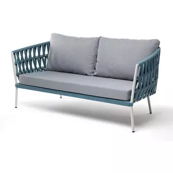 "Диего" диван 2-местный плетеный из роупа, каркас алюминий светло-серый (RAL7035) муар, роуп бирюзовый круглый, ткань светло-серая 4SIS арт.УТ-00009493