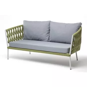 "Диего" диван 2-местный плетеный из роупа, каркас алюминий светло-серый (RAL7035) муар, роуп салатовый меланж круглый, ткань светло-серая 4SIS арт.УТ-00009502