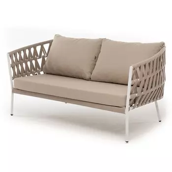 "Диего" диван 2-местный плетеный из роупа, каркас алюминий белый муар, роуп бежевый круглый, ткань бежевая 035 4SIS арт.УТ-00006212