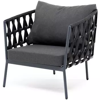 "Диего" кресло плетеное из роупа, каркас алюминий темно-серый (RAL7024) муар, роуп темно-серый круглый, ткань темно-серая 027 4SIS арт.УТ-00006829