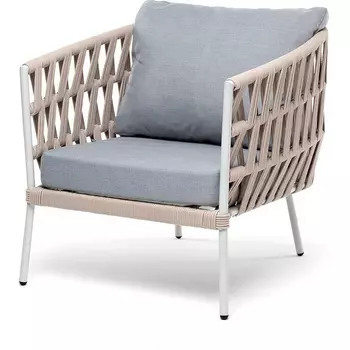 "Диего" кресло плетеное из роупа, каркас алюминий светло-серый (RAL7035) муар, роуп бежевый круглый, ткань светло-серая 4SIS арт.УТ-00009497