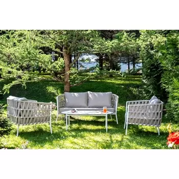 "Диего" лаунж-зона 4-местная плетеная из роупа (веревки), каркас алюминиевый белый, роуп бежевый 4SIS арт.УТ-00008434