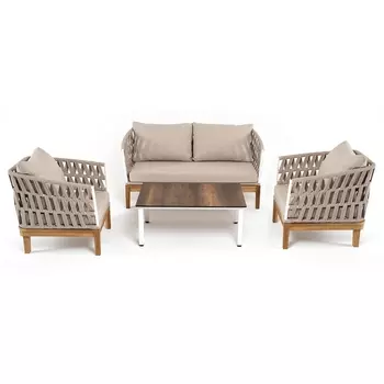 "Диего" лаунж-зона 4-местная плетеная из роупа со столиком "Канны" цвета "дуб", основание дуб, роуп бежевый 4SIS арт.УТ-00007272