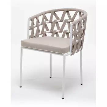 "Диего" стул плетеный из роупа, каркас из стали белый муар, роуп бежевый круглый, ткань бежевая 052 4SIS арт.УТ-00008308