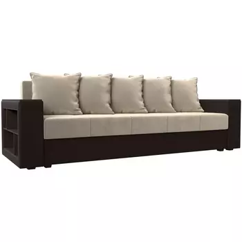 Диван прямой Дубай лайт полки слева (основа микровельвет бежевый, компаньон экокожа коричневая) Лига Диванов 114426L