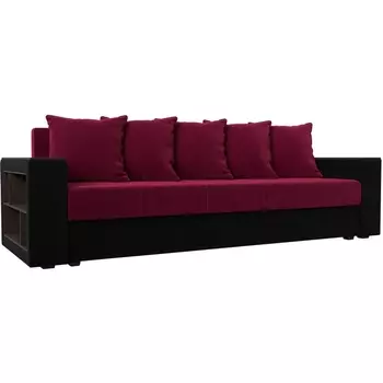 Диван прямой Дубай лайт полки слева (основа микровельвет бордовый, компаньон микровельвет черный) Лига Диванов 114362L