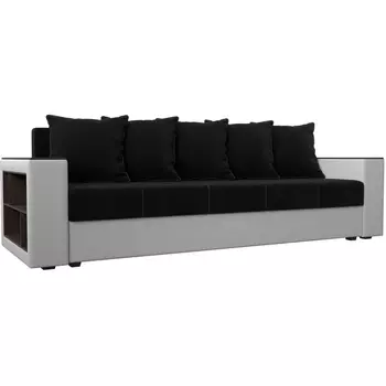 Диван прямой Дубай лайт полки слева (основа микровельвет черный, компаньон экокожа белая) Лига Диванов 114329L