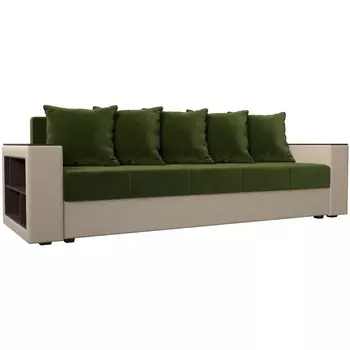 Диван прямой Дубай лайт полки слева (основа микровельвет зеленый, компаньон экокожа бежевая) Лига Диванов 114427L