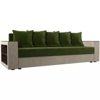 Диван прямой Дубай лайт полки слева (основа микровельвет зеленый, компаньон микровельвет бежевый) Лига Диванов 114357L