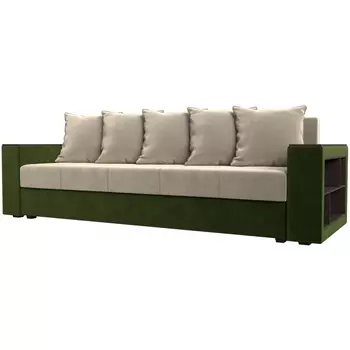 Диван прямой Дубай лайт полки справа (основа микровельвет бежевый, компаньон микровельвет зеленый) Лига Диванов 114356