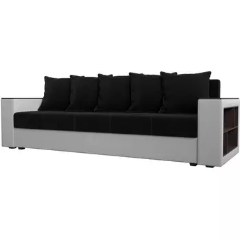 Диван прямой Дубай лайт полки справа (основа микровельвет черный, компаньон экокожа белая) Лига Диванов 114330