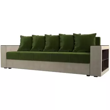 Диван прямой Дубай лайт полки справа (основа микровельвет зеленый, компаньон микровельвет бежевый) Лига Диванов 114358