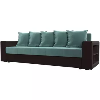 Диван прямой Дубай лайт полки справа (основа Велюр Бирюзовый, компаньон экокожа коричневая) Лига Диванов 114375