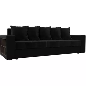 Диван прямой Дубай лайт полки справа (основа велюр черный, компаньон экокожа черная) Лига Диванов 114379