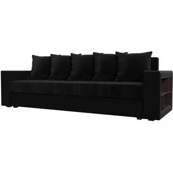 Диван прямой Дубай лайт полки справа (основа велюр черный, компаньон экокожа черная) Лига Диванов 114428