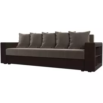 Диван прямой Дубай лайт полки справа (основа велюр коричневый, компаньон экокожа коричневая) Лига Диванов 114374