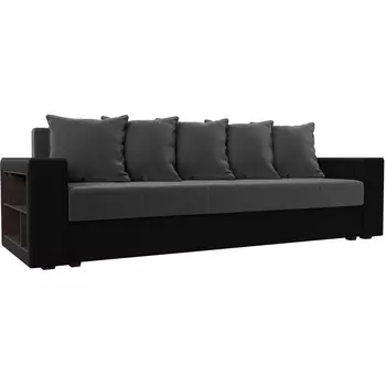 Диван прямой Дубай лайт полки справа (основа велюр серый, компаньон экокожа черная) Лига Диванов 114378