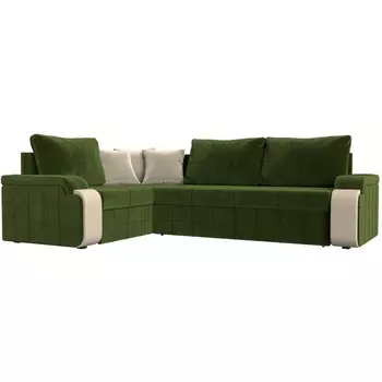 Диван угловой Николь левый (микровельвет зеленый, вставка экокожа бежевая, подушки микровельвет ЗЕЛ/беж) Лига Диванов 29378L