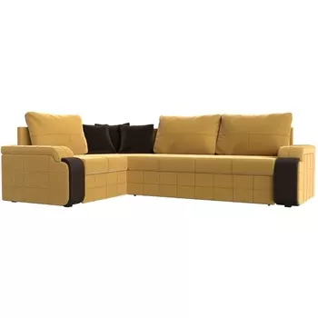 Диван угловой Николь левый (микровельвет желтый, вставка экокожа коричневая, подушки микровельвет ЖЕЛ/кор) Лига Диванов 113274L