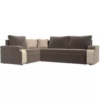 Диван угловой Николь левый (велюр коричневый, вставка экокожа бежевая, подушки велюр КОР/беж) Лига Диванов 102975L