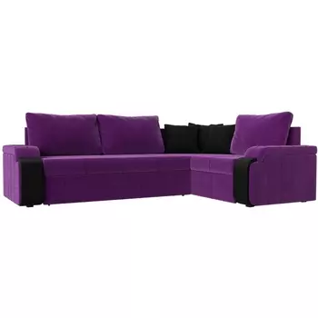 Диван угловой Николь правый (микровельвет фиолетовый, вставка экокожа черная, подушки микровельвет ФИО/черн) Лига Диванов 29380