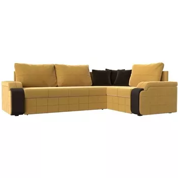 Диван угловой Николь правый (микровельвет желтый, вставка экокожа коричневая, подушки микровельвет ЖЕЛ/кор) Лига Диванов 113274