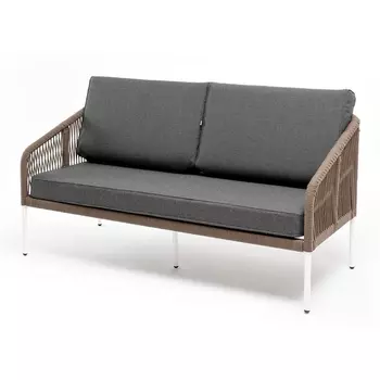 "Канны" диван 2-местный плетеный из роупа, каркас алюминий белый, роуп коричневый круглый, ткань серая 4SIS арт.УТ-00004964