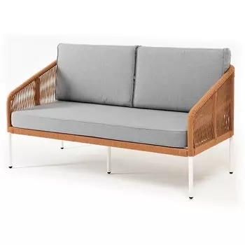 "Канны" диван 2-местный плетеный из роупа, каркас алюминий светло-серый (RAL7035) муар, роуп оранжевый меланж круглый, ткань светло-серая 4SIS арт.УТ-00009475