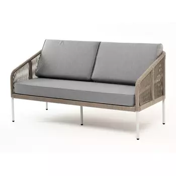 "Канны" диван 2-местный плетеный из роупа, каркас алюминий светло-серый (RAL7035) шагрень, роуп серый меланж круглый, ткань светло-серая 4SIS арт.УТ-00009476
