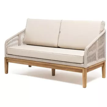 "Канны" диван 2-местный плетеный из роупа, основание дуб, роуп бежевый круглый, ткань бежевая 052 4SIS арт.УТ-00006831