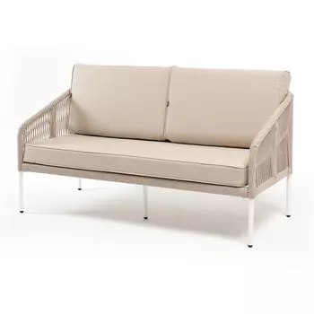 "Канны" диван 2-местный плетеный из роупа, каркас алюминий белый муар, роуп бежевый круглый, ткань бежевая 052 4SIS арт.УТ-00007815