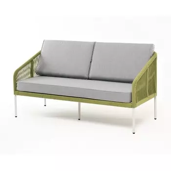 "Канны" диван 2-местный плетеный из роупа, каркас алюминий светло-серый (RAL7035) муар, роуп салатовый меланж круглый, ткань светло-серая 4SIS арт.УТ-00009611