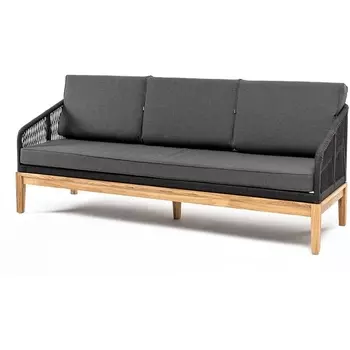 "Канны" диван 3-местный плетеный из роупа, основание дуб, роуп темно-серый круглый, ткань темно-серая 027 4SIS арт.УТ-00007117